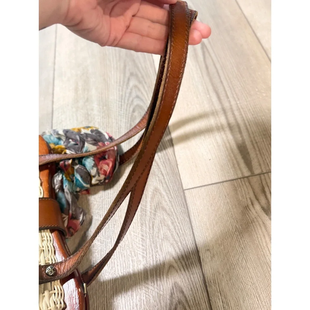Patricia Nash Wicker Satchel Leather Trim Straw Handbag Brown Tan with Scarf